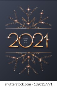 Happy new year 2021 background with gold frame and snowflake. Shining with sparkles numbers and border Christmas card. Greeting festive vector illustration. Merry holiday modern poster design.