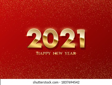 Happy new year 2021 background. Gold shining in light with sparkles celebration flyer. Greeting festive card vector illustration. Merry holiday modern poster or wallpaper design on red background.