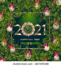 Happy New Year 2021 background with golden sparkling texture. Gold numbers 1, 2, 21 . Postcard with silver, pearly Christmas tree toys. Vector Illustration for holiday greeting card.
