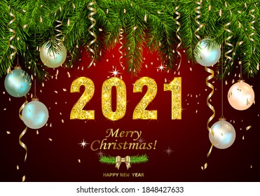 Happy New Year 2021 background with golden sparkling texture. Gold numbers 1, 2, 0, 21 . Postcard with silver, pearly Christmas tree toys. Vector Illustration for holiday greeting card.