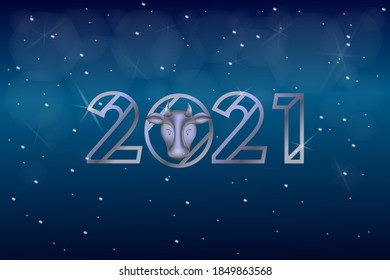 Happy new year 2021 background with shiny metal head of ox, bull, cow. Suitable for banner, greeting card, invitation on event.