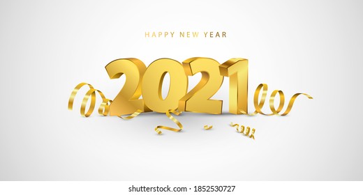 Happy New Year 2021 background. Greeting card design template gold confetti. Celebrate brochure or flyer.