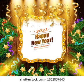 Feliz Año Nuevo 2021 de fondo con luz navideña y decoración en un fondo de madera. Ilustración del vector