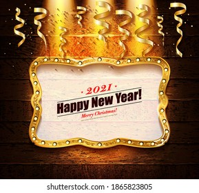 Happy New Year 2021 background with Christmas light and decoration on a wooden background. Vector illustration