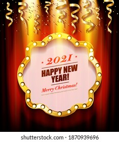 Happy New Year 2021 background with Christmas light and decoration on a wooden background. Vector illustration