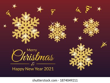 Happy new year 2021 background with golden snowflakes. New year celebration greeting with golden ribbons and stars. Vector illustration.

