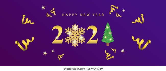 Happy new year 2021 background with golden snowflake and ribbons. New year celebration greeting with golden ribbons and stars. Vector illustration.