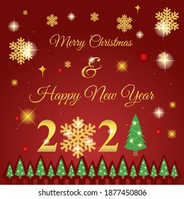 Happy new year 2021 background with golden snowflakes. New year celebration greeting with golden ribbons and stars. Vector illustration.