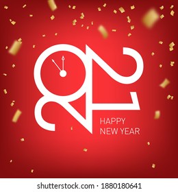 Happy New Year 2021. New year background with gold clock and wish. Premium 2021 logotype, sign, logo, symbol with white numbers, realistic confetti. Red, golden new eve party banner design, vector.