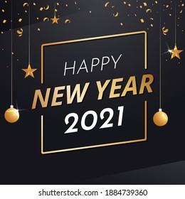 Feliz año nuevo 2021 con navidades doradas baubles y confetti