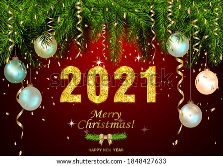 Happy New Year 2021 background with golden sparkling texture. Gold numbers 1, 2, 0, 21 . Postcard with silver, pearly Christmas tree toys. Vector Illustration for holiday greeting card.