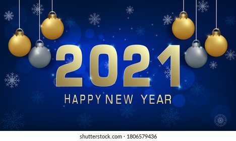 Happy New year 2021 and ball decoration illustration on blue background