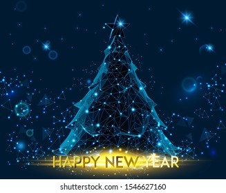 Happy new year 2021 banner design. Futuristic Christmas tree. Geometric polygonal 2021 new year greeting card.  Polygon vector wireframe concept. Low polygon.
