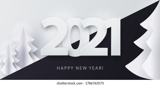 Happy New Year 2021 banner in paper cut style for seasonal holidays flyers, greetings and invitations, christmas themed congratulations and cards. Design for social media, promotion and sale. Vector