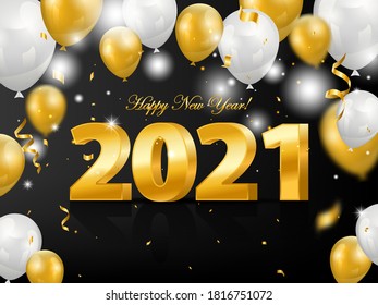 Happy new year 2021 banner with golden luxury numbers. Confetti, bauble ornaments and balloons. Realistic 2021 golden numbers