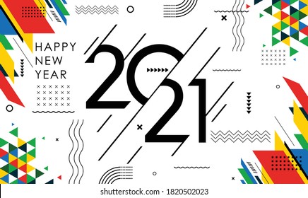 happy new year 2021 banner with modern geometric abstract white background in retro style. happy new year greeting card design for year 2021 calligraphy includes colorful shapes. Vector illustration