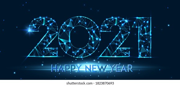 Happy new year 2021 banner design. 2021 Happy new year greeting poster. Geometric polygonal 2021 new year greeting card. Vector firecracker background. Low polygon.