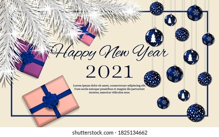 Happy New Year 2021 banner. Christmas balls, snowy fir branches and gift boxes. Vector illustration for invitation, poster, banner, greeting card, cover.