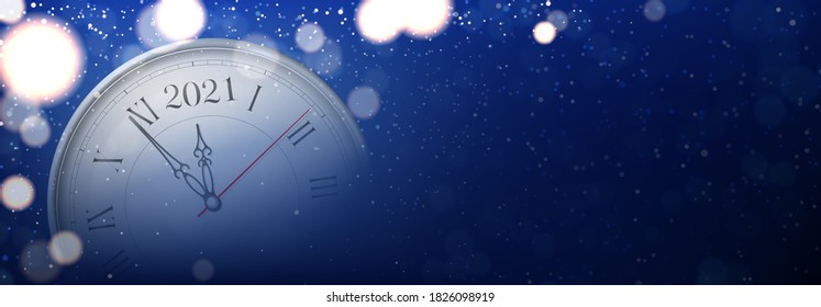 Happy New Year 2021 banner template. Vector illustration with realistic wall clock on dark blue background with effect bokeh. Happy New Year symbol.