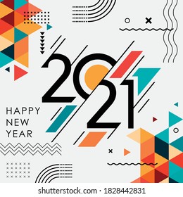 happy new year 2021 banner with modern geometric abstract background in retro style. happy new year greeting card design for year 2021 calligraphy includes colorful shapes. Vector illustration