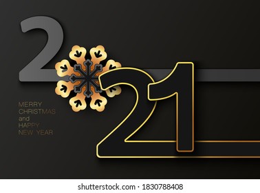Happy new year 2021 banner. Elegant design of gray and gold numbers and gold snowflake, gold text on a black background. Christmas night. Create a new logo 2021. Elements for calendar, greeting cards