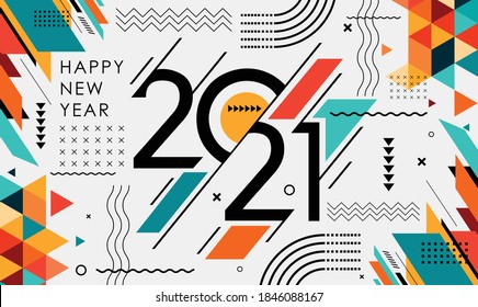 happy new year 2021 banner design with modern geometric abstract background in retro style. happy new year greeting card for 2021. Calligraphy includes colorful shapes. Vector illustration