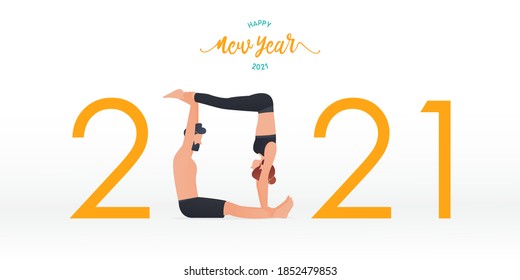 Happy New Year 2021 banner with yoga poses or asana posture. Year of good health. Banner design template for New Year 2021 decoration in Yoga Concept. Vector illustration.