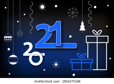 Happy new year 2021 banner. Design of blue and white numbers. White linear pattern of snowflakes, festive decorative toys, boxes on a blue background. Christmas. Elements for calendar, greeting cards