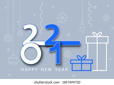 Happy new year 2021 banner. Blue and white numbers design. White linear pattern of snowflakes, festive decorative toys, boxes on a gray background. Christmas. Elements for calendar, greeting cards