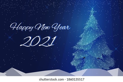 Happy new year 2021 banner design. Futuristic Christmas tree. Geometric polygonal 2021 new year greeting card. Polygonal vector wireframe concept. Low polygon.