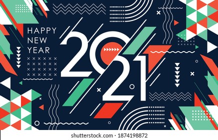 happy new year 2021 banner with modern geometric abstract background in retro style. happy new year greeting card design for 2021 calligraphy art includes green orange shapes. Vector illustration