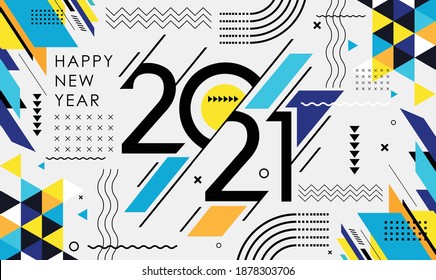 happy new year 2021 banner with modern geometric abstract background in retro style. happy new year greeting card design for 2021 calligraphy art includes yellow blue shapes. Vector illustration