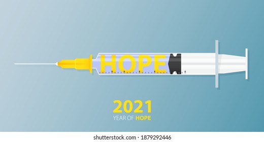 Happy New Year 2021 banner with Covid-19 Vaccine and Virus. Year of hope. Banner design template for New Year 2021 decoration in Covid-19 Vaccine Concept. Vector illustration.