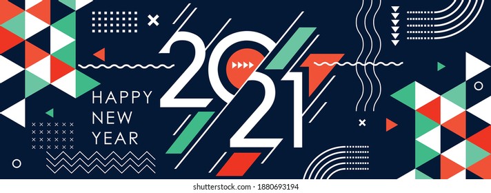 happy new year 2021 banner with modern geometric abstract background in retro style. happy new year web banner design. 2021 calligraphy art includes green orange shapes. Vector illustration