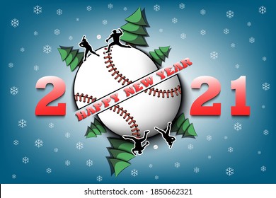 Happy new year 2021 and baseball ball with Christmas trees on an isolated background. Baseball player serves the ball. Design pattern for greeting card. Vector illustration