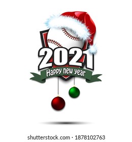 Happy new year 2021. Baseball logo template design. Baseball ball in santa hat. Pattern for banner, poster, greeting card, party invitation. Vector illustration