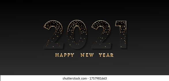 Happy New year 2021 beautiful sparkling numbers design on black background with texture and shiny falling snow. Trendy modern winter banner, poster or greeting card template