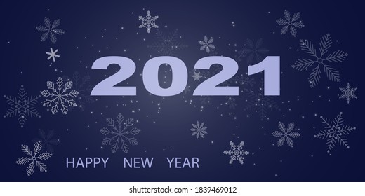 Happy New Year 2021 beautiful sparkling design of numbers on dark elegant background with frame made of black snowflakes in paper cut style, beautiful fir branches and shining glitter. 