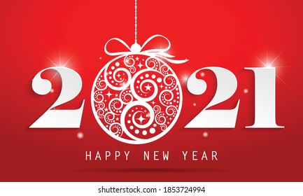 Happy New Year 2021 with beautiful chrisma ball on red background. Illustration for brochure, postcard, invitation card.
