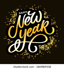 Happy New Year 2021 Beautiful greeting card poster with calligraphy black text word gold fireworks. Hand drawn design elements. Handwritten modern brush lettering white background isolated vector