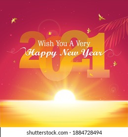 Happy New Year 2021, beautiful sun rise with new year wishes typography text and beauty of nature vector illustration card