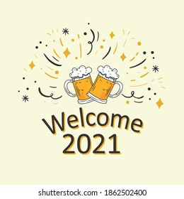 Happy new year 2021 with a beer glass theme depicting a celebration, templates for banners, promotions, shopping and others, vector illustration EPS 10