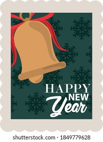 happy new year 2021, bell with bow over green snowflakes background, postage stamp icon vector illustration