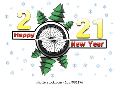 Happy new year 2021 and bicycle wheel with Christmas trees on an snowflakes background. Creative design pattern for greeting card, banner, poster, flyer, party invitation. Vector illustration