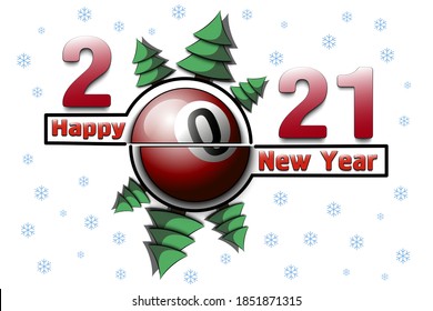 Happy new year 2021 and billiard ball with Christmas trees on an snowflakes background. Creative design pattern for greeting card, banner, poster, flyer, invitation, calendar. Vector illustration