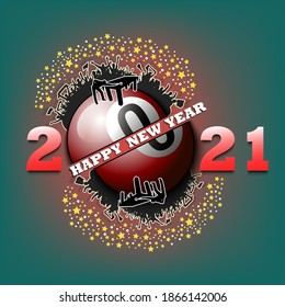 Happy new year 2021 and billiard ball with billiard player and fans. Creative design pattern for greeting card, banner, poster, flyer, party invitation. Vector illustration