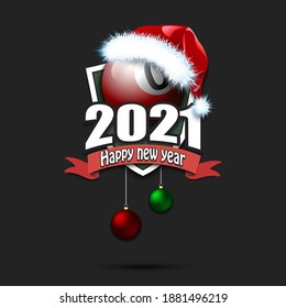 Happy new year 2021. Billiard logo template design. Billiard ball in santa hat. Pattern for banner, poster, greeting card, party invitation. Vector illustration