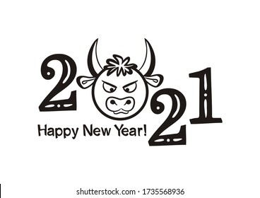 Happy new year 2021. Black Logo of hand-drawn numbers and bull on a white background. 2021 calendar heading. Vector illustration for the design of New Year cards and posters.