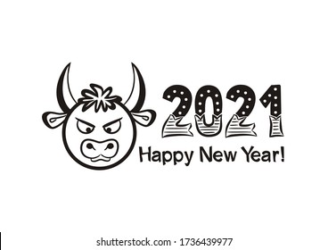 Happy new year 2021. Black Logo of hand-drawn numbers and bull on a white background. 2021 calendar heading. Vector illustration for the design of New Year cards and posters.