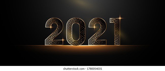 Happy New Year 2021. Black paper numbers with sequins Happy New year banner with 2021 numbers dark vector holiday glowing illustration.